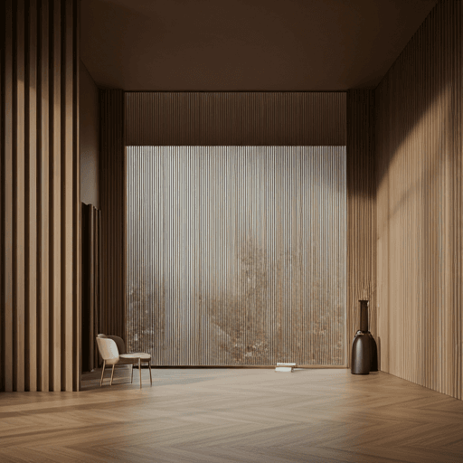 Minimalist high-end architectural interior with floor-to-ceiling windows, natural wood finishes, and refined stone textures in soft, diffused light.