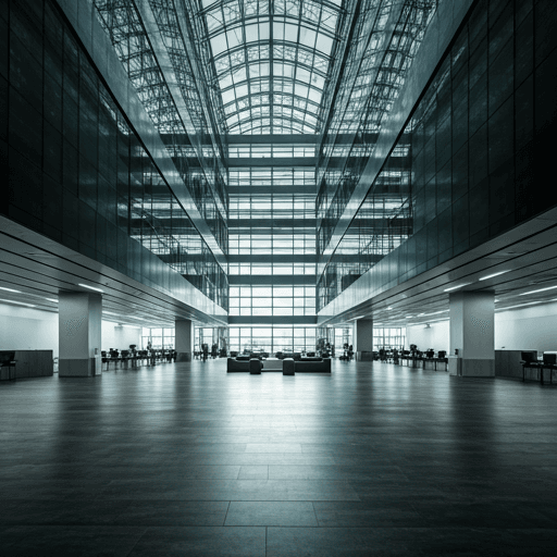 A vast, calm, and modern office atrium in a premium business environment, showcasing clean lines, expansive space, and refined urban architecture.
