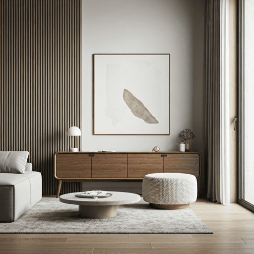 minimalist and elegant high-end serviced apartment interior with mid-century modern furniture, soft natural light, and neutral tones