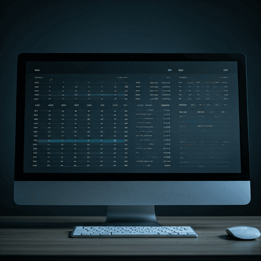 clean and sophisticated data dashboard on a large monitor in a dimly lit modern corporate office environment