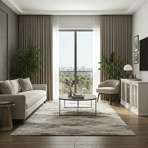 editorial wide shot of a beautifully staged Corinth HOMES living space with premium textures and soft morning light