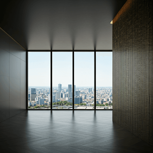 Premium architectural interior with refined textures and natural light overlooking a serene urban landscape