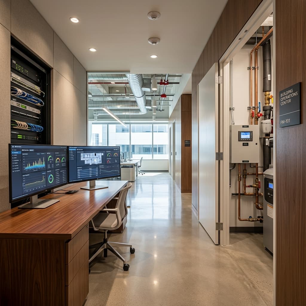 Modern building operations center with monitoring dashboards and smart building technology
