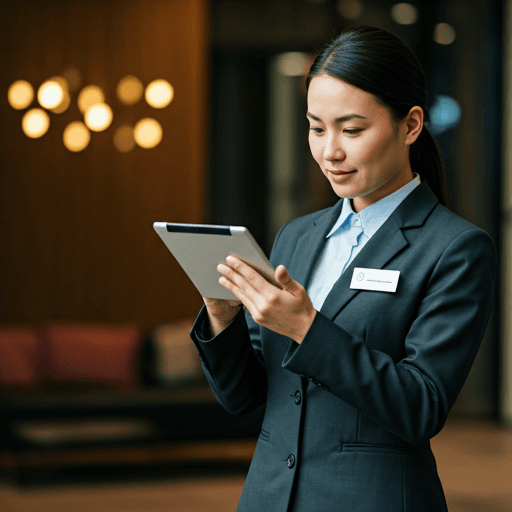Professional staff reviewing tablet in contemporary lobby