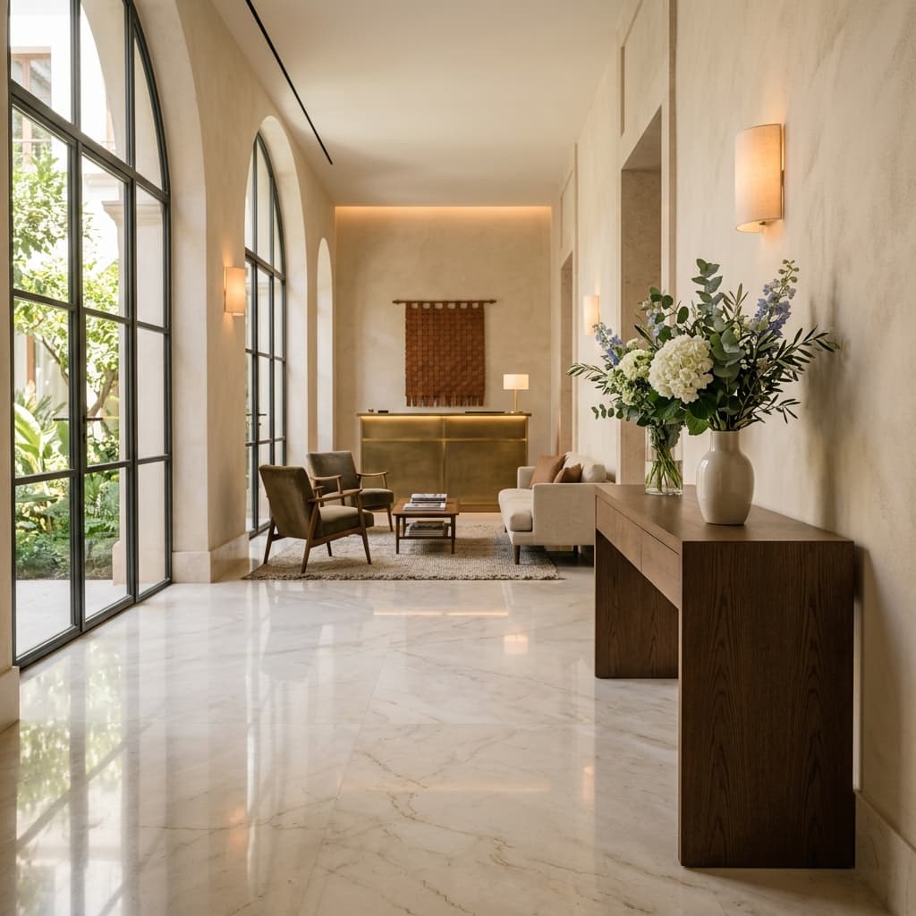 A polished boutique hotel arrival sequence with marble floors, a minimalist wooden console, and warm ambient lighting