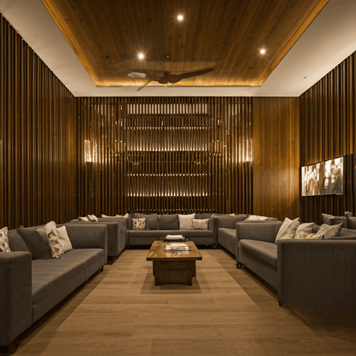 Sophisticated hospitality lounge with high ceilings, walnut textures, and warm ambient lighting