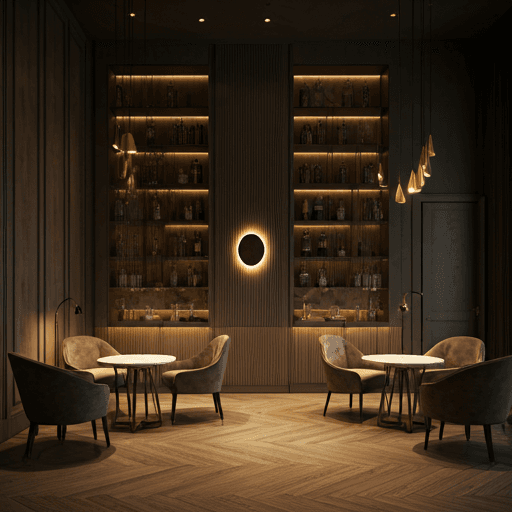 Refined commercial interior highlighting rich materials and meticulous lighting design