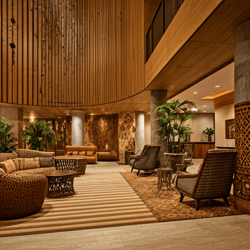 Modern hotel lobby in an African metropolis featuring local textures and global hospitality standards