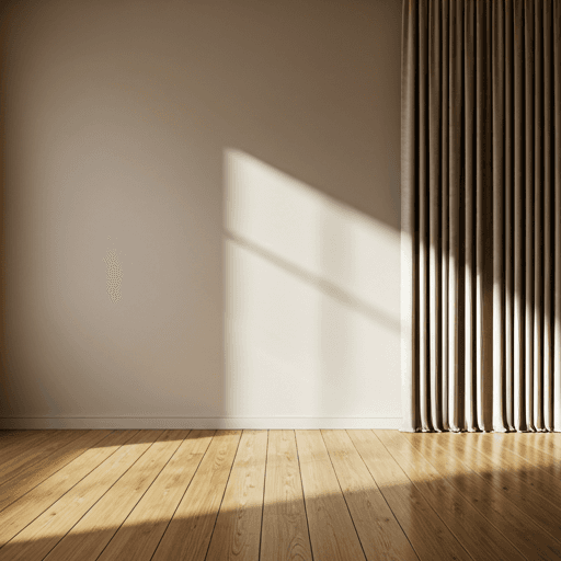 Minimalist luxury interior with high ceilings, oak flooring, and warm afternoon sunlight