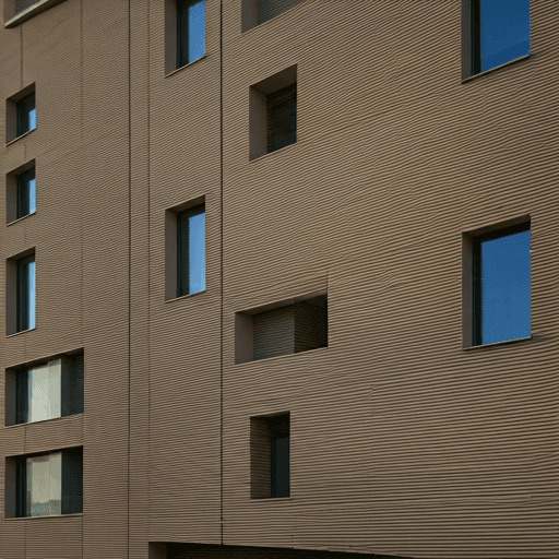 Architectural detail of a modern limestone building facade with rhythmic window patterns
