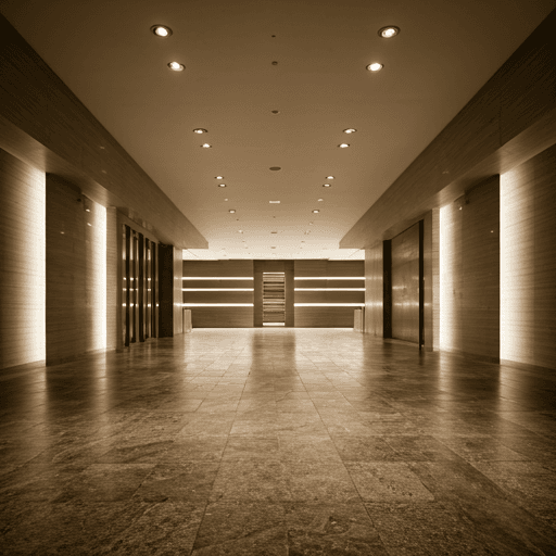 High-end commercial lobby with stone floors and warm recessed lighting