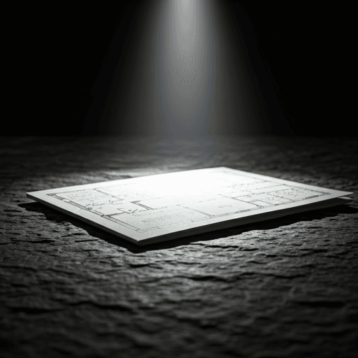 Architectural blueprint on a heavy stone desk with a single ray of light