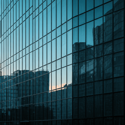 Modern architectural close-up of a premium glass and steel office building reflecting the soft morning sky