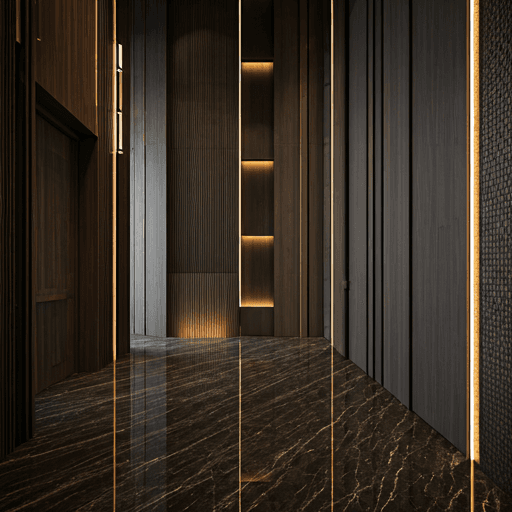 Interior of a luxury modern lobby with marble floors and dark wood accents in warm natural lighting