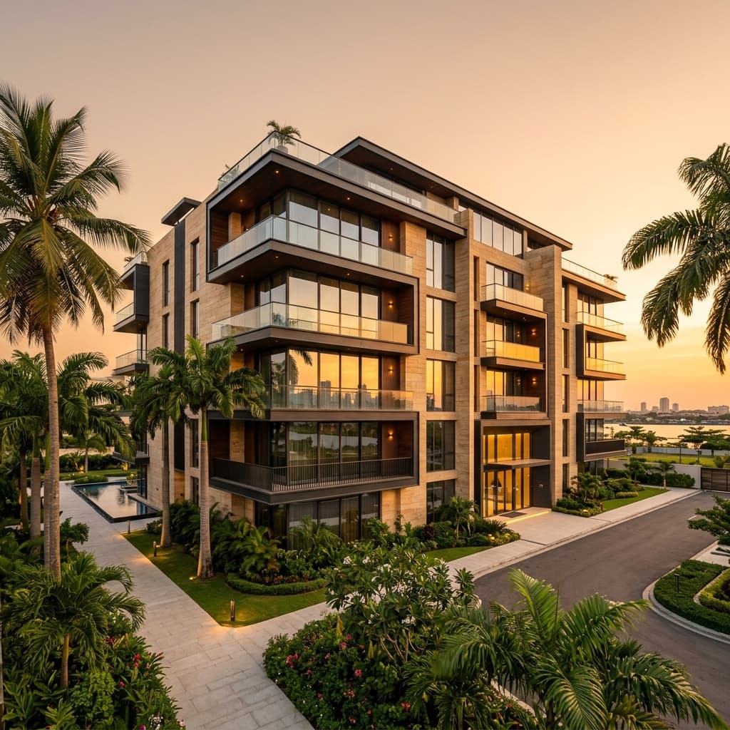Premium modern apartment building at golden hour with tropical landscaping