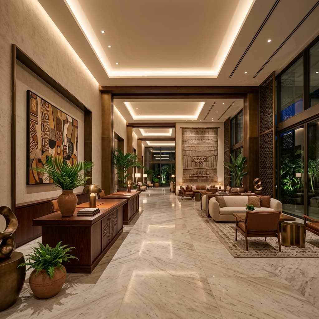 Luxury hospitality lobby with African-influenced design, marble floors, and warm lighting