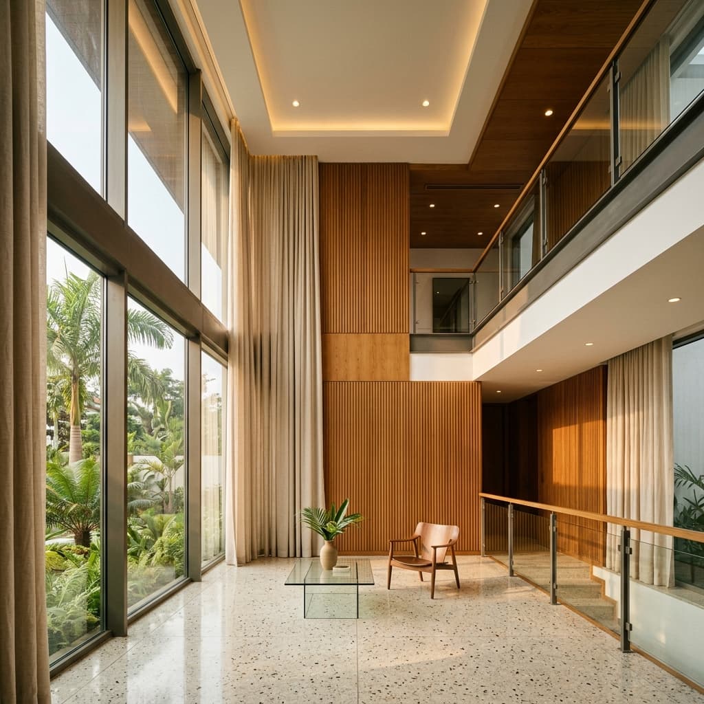 Premium Nigerian property interior with double-height atrium and warm natural materials